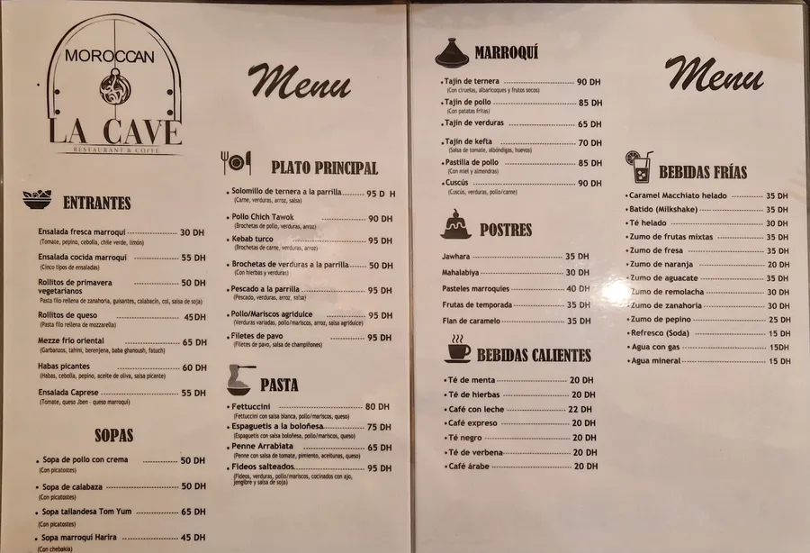 Menu imprimé de La Cave